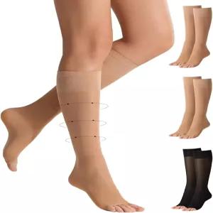 일라미 3켤레 발가락 없는 압박 양말 시어 무릎 하이 오픈 토 바지 여성용 8-10mmHg 스타킹