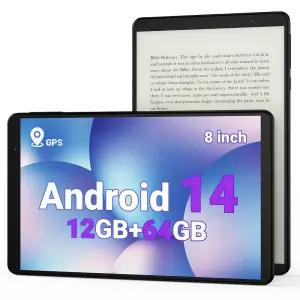 태블릿 8인치, GPS 내장 안드로이드 14 태블릿, E-리더기, 12GB RAM 64GB ROM (1TB 확장), 8MP 카메라, 2.0