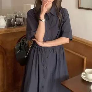 [하프클럽/]여름 반팔 롱원피스 여자 플레어 카라 밴딩