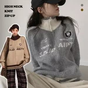 [A.I.P] 스포티 1990 하이넥 배색 라인 니트 집업(2color)