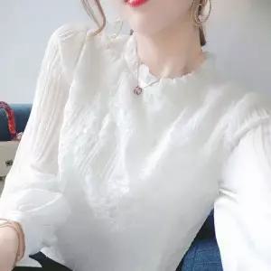 엘럽 여성블라우스 레이스 이너 프릴넥 화이트 긴팔 티셔츠 블라우스 힛템