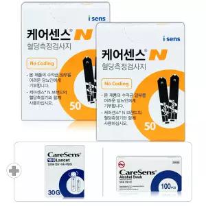 (28년 03월) 케어센스N 당뇨 혈당 검사지 시험지 측정지 100매+정품 침 100개+정품 솜 100매