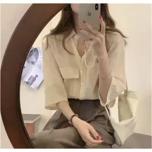 여성용 여자 블랙 춘하 남방셔츠 반팔 셔츠 블라우스 셔츠블라우스 포켓 루즈핏 7부