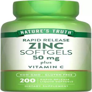 네이처 트루스 아연 50mg 보충제 비타민 C 포함 액체 소프트젤 200개 비-GMO 및 텐 프리