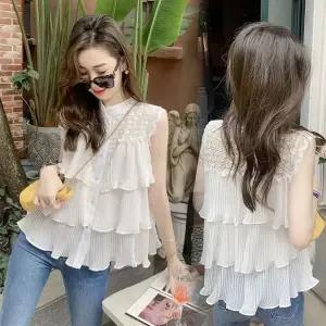 여성 쉬폰 레이스 블라우스 캉캉 프릴 민소매 나시 하객룩