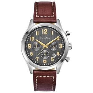 Bulova 남성용 클래식 스테인리스 스틸 6핸드 그래프 쿼츠 가죽 스트랩 시계 그레이 다이얼 골드 액센트 아랍어 마커 41mm