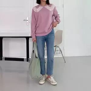 여성 레이스 카라 라운드넥 심플 맨투맨 무지 미니멀_25207940_588872