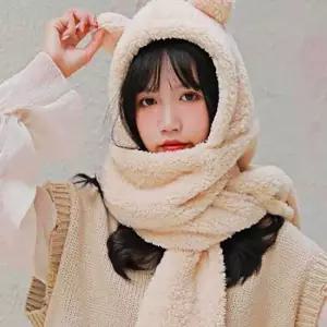 베이지 후드 목도리 후드목도리워머 모자목도리