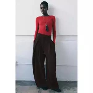 [정품] 자라 팬츠 데일리 바지 긴바지 슬랙스 ZARA ZW 컬렉션 와이드 레그 플랫 프론트 - 브라운
