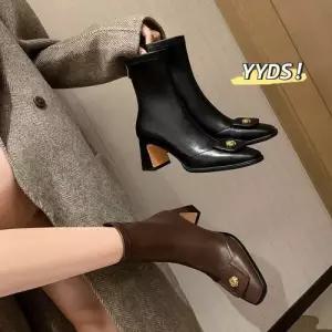 여사친 빈티지 스타일 스틸레토 소가죽 카멜리아 패션워커 힐 버전 스퀘어토 앵클 부츠 워커힐 신발 스판