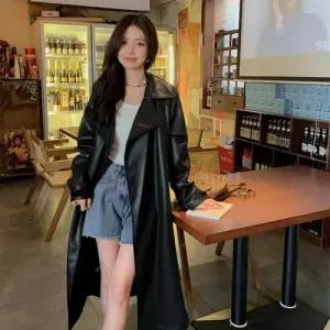 여사친 검정 롱 빈티지 가죽 조거 스트링 정장 PU트렌치 코트 자켓 재킷 원템3