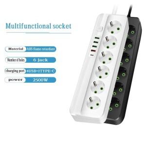 EU 플러그 전원 스트립 3/4/5/6 소켓 2500W 전기 콘센트(4개의 USB 1 Type-C 포트 포함) 2m 연장 코드 어댑
