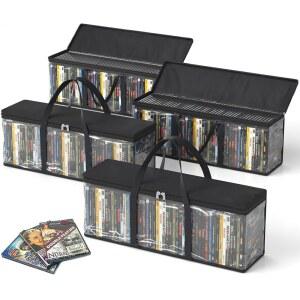 DVD 보관 가방 CD 디스크 영화 케이스 VHS 박스 비디오 게임 앨범 책 휴대용 손잡이가 있는 투명 플라스틱 홀더(블랙 4팩)