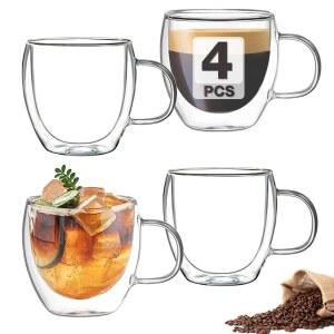 맥코이 이중벽 단열 유리 에스프레소 컵 세트 4개(두꺼운 50 ) 손잡이가 달린 투명 커피 5 샷 글라스 머신용 수트 라떼 카푸치노 머그잔
