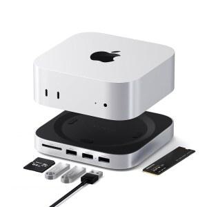 사테치 맥 미니 M4 허브 앤 스탠드( SSD 인클로저 ) 도크(2xUSB A 최대 10Gbps) USB 데이터 포트 SD 카드 리더 최적화된 자가 냉각 실버