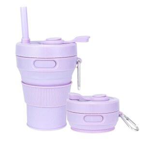 접이식 여행용 머그 퍼플 15온스 450ml - 뜨겁고 차가운 음료용 물병 여행 사무실 빨대 포함
