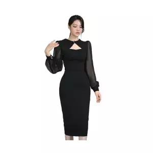 에네로 여자 가을 원피스 하객 슬림 미디엄 배색 시스루 힙스터 UNO3