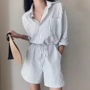 빈티지 끈 봄여름 반바지 점프슈트 멀티포켓 긴팔 스트링 터틀넥 여자반바지 스트라이프 원템2