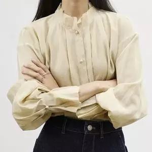 마르소 여성용 면 블라우스 무지데님 긴팔 혼방 칼라 셔츠 스탠드 봄가을 UNO5