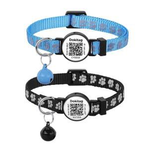 도키태그 반사 고양이 목걸이(QR 코드 이름표 ) 반려동물 ID 태그 및 벨 분리 목걸이 스캔 QR 즉시 위치 알림 이메일 2팩(블루앤블랙)