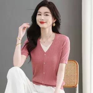 분홍 니트 여자티 브이넥 쿨링 반팔 티셔츠 여름옷 얇은 상의 원템2