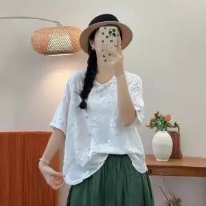 면 여름 사선 상의 꽃무늬 입체 솔리드 브이넥 여자티 티셔츠 맨투맨 반팔 원템2