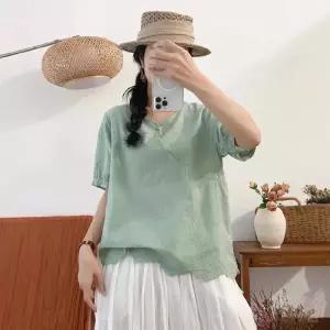 여름 면사포자수맨투맨 티셔츠 브이넥 솔리드 반팔 여자티 맨투맨 원템2