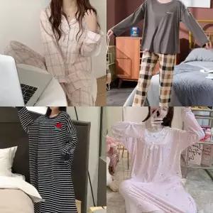 여자 봄 가을 긴팔 카라 잠옷 상하의 세트 원피스 상하의 원피스 (WDC9076)