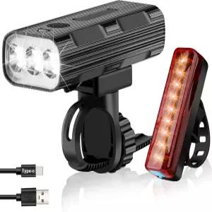 앞뒤 자전거 조명 야간 주행을 위한 충전식 LED 세트 5+5 모드 IPX5 방수 USB 타입-C 헤드라이트