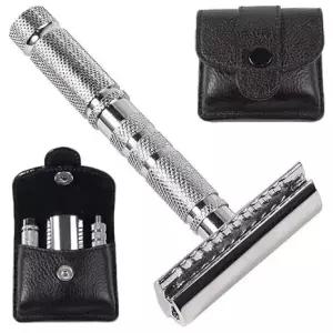 Parker A1R 여행용 안전 면도기 - 보호 가죽 케이스가 포함된 컴팩트한 4피스 더블 엣지 일상적인 사용에