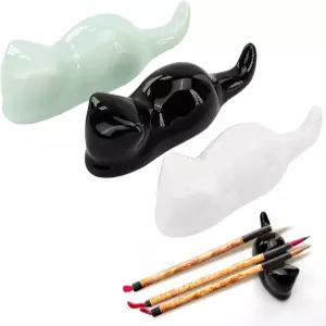 불레비나 3PCS 페인트 브러시 받침대 중국 회화용 귀여운 고양이 모양 스탠드 펜 젓가락 수미 서예 도자기