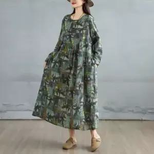 EAMT 원피스 여사친 가을 빈티지 면마 A라인 프린트 슬림핏 빅사이즈 YJ3