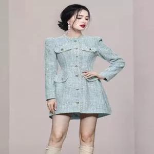 EAMT 여자 A라인 조임 트위드 보이는 허리 라운드 코트 우아해 YJ1
