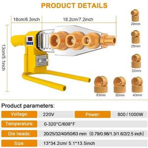 800/1000W 파이프 용접 기계, 220V 철 PB/PP/PE/PPR, 가정용 수도관 플라스틱 도구, 지능형 온도 디지털
