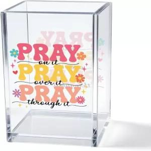 Vgrti Pray on it 아크릴 화장품 펜 홀더 컵 성경 구절 여성 신앙 선물 위한 기독교 엄마 딸 자매 친구