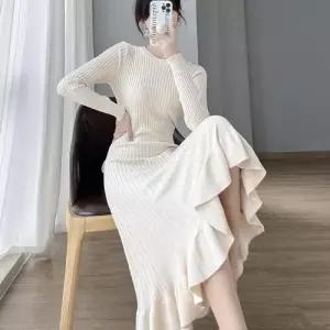 EAMT 치마 여성 미디 니트 이너 프릴 머메이드 스웨터 무릎 오버 프렌치 패션 EUNG3