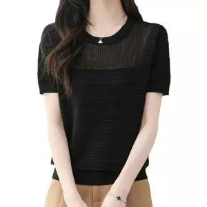 EAMT 면 여름 여사친 아이스니트티 롱루즈핏티 루즈핏 반팔 얇은 티 펀칭 YJ2