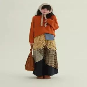 EAMT 여성 치마 빈티지 쉬폰 체크 레이스 밴딩 EUNG1
