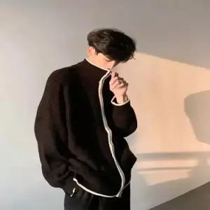 룽나루 남자 블랙 니트 집업 카디건 앤 HO1
