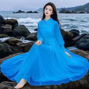 무천도사 원피스 스커트 여사친 여성용 여름 쉬폰 슬림핏 베이비 넥 해변 바캉스 롱스커트 긴팔 비치 KKE2