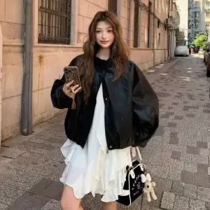 여성 검정 캐주얼 PU가죽 레더라이크 자켓 코트 상의 춘추미유럽 OP3