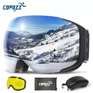 COPOZZ 마그네틱 스키 고글 2s 퀵 체인지 및 케이스 세트 UV400 보호 남성용 여성용 안개 방지 스노우 보드