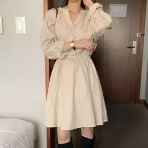 [하프클럽/]여성 브이넥 롱소매 미니 원피스 밴딩넥 벌룬 스타일