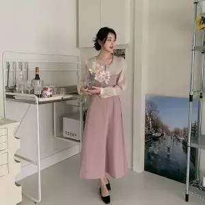 [하프클럽/]여성 프릴 카라 허리 조절 롱 원피스 로맨틱 스타일