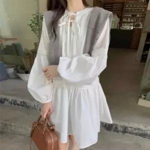 [하프클럽/]여성용 데일리 로맨틱 타이넥 벌룬소매 플레어 미니 원피스