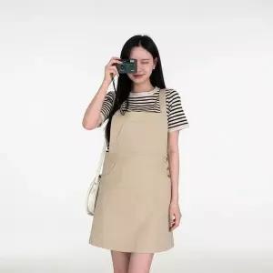 [하프클럽/]여성 버튼 캥거루 포켓 멜빵 미니 드레스