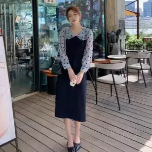 [하프클럽/]여성 하객룩 도트 패턴 이중카라 쉬폰 원피스