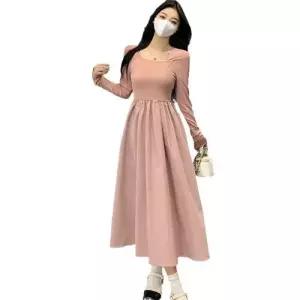 EAMT 여사친 원피스 치마 롱 캐주얼 가을 긴팔 티쉬프렌치 조 솔리드 임 EUNG3