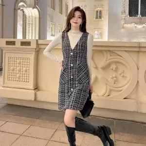 EAMT 여성 원피스 가을 점퍼스커트 추동 데이트룩 브이넥 멜빵 EUNG3