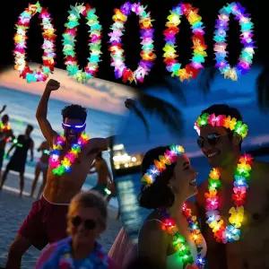 LED 하와이 Leis 꽃 화환 글로우 목걸이 어둠 속에서 빛나는 생일 웨딩 파티에